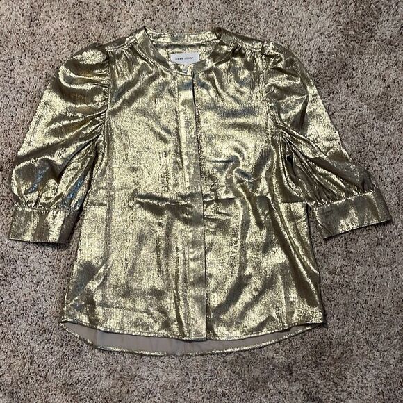 Dear John Gold Metallic Rowan Hidden Placket 3/4 Sleeve Top Medium - Picture 3 of 7